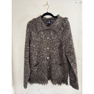 Women’s L Vintage CB Coastal Wool Blend Chunky Knit Fringe Cardigan Sweater